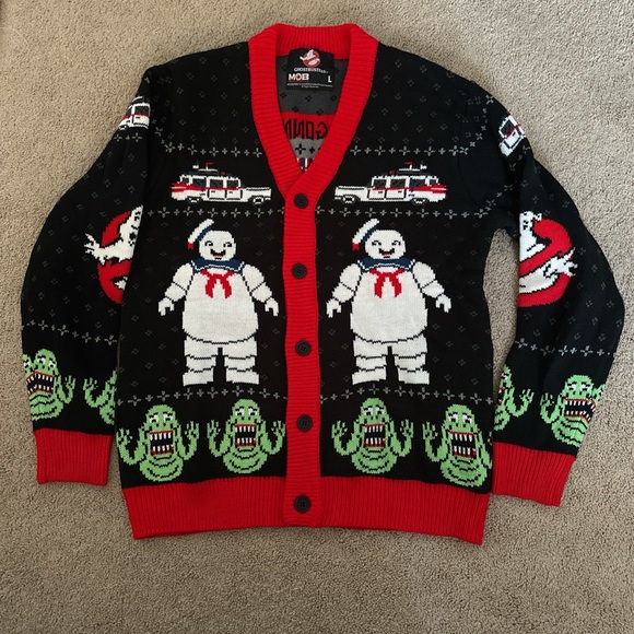 Ghostbusters Themed Black and Red Cardigan Sweater from Middle of Beyond Large - Picture 1 of 5
